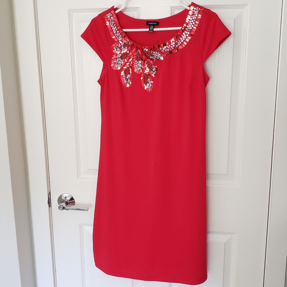 Red Knee-Length Dress with Beaded Neckline